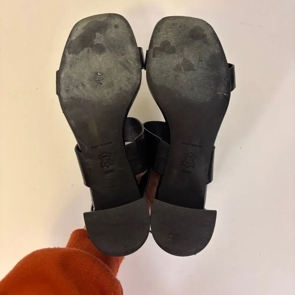 Tory Burch Black Leather Low Block Heel Sandals Size 8.5 - Picture 9 of 10